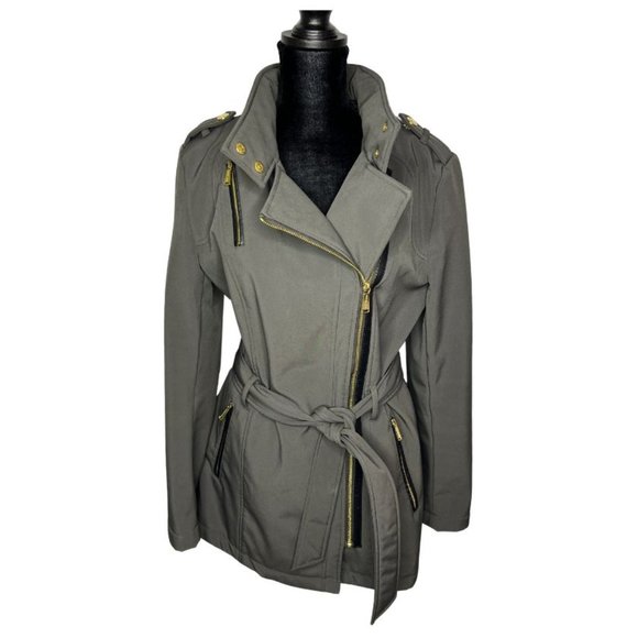Michael Kors Olive Green Belted Zip Up Coat Jacket with Attached Hood (Womens M) - Picture 3 of 15